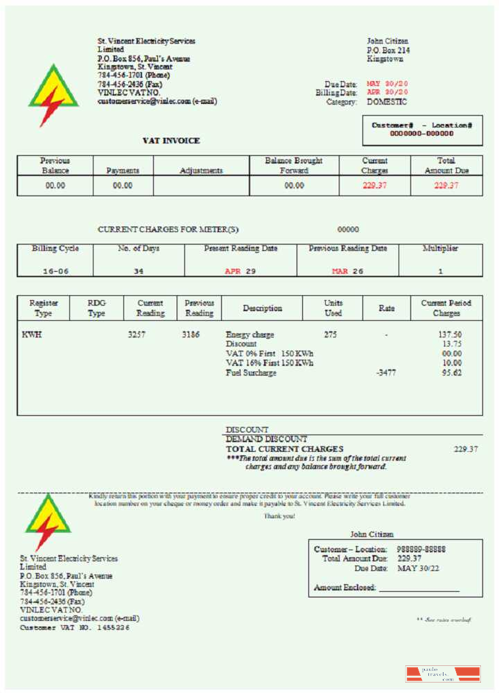 Saint Vincent and the Grenadines St. Vincent Electricity Services Limited utility bill Word and PDF template